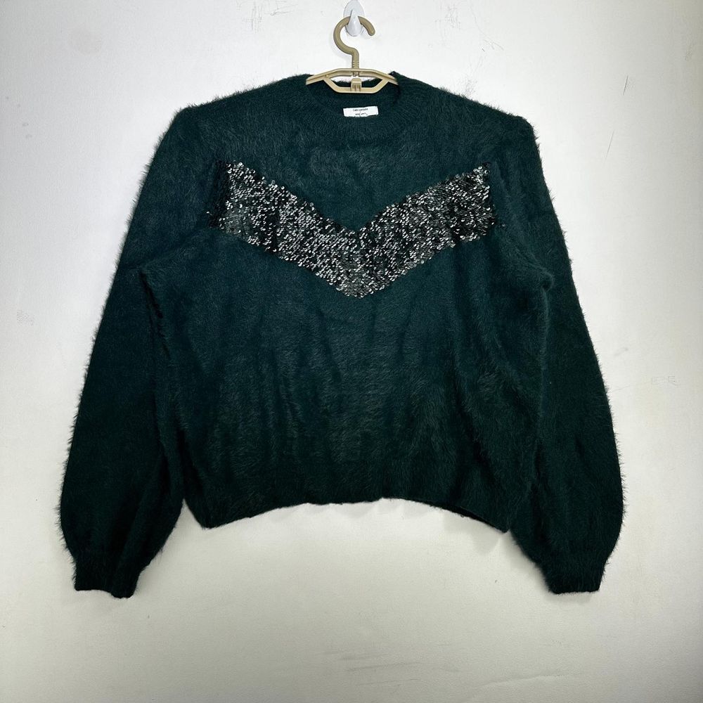Nine West x Cara Santana Sweater Women Teal‎ Green Sequin Fuzzy Pullover Size L